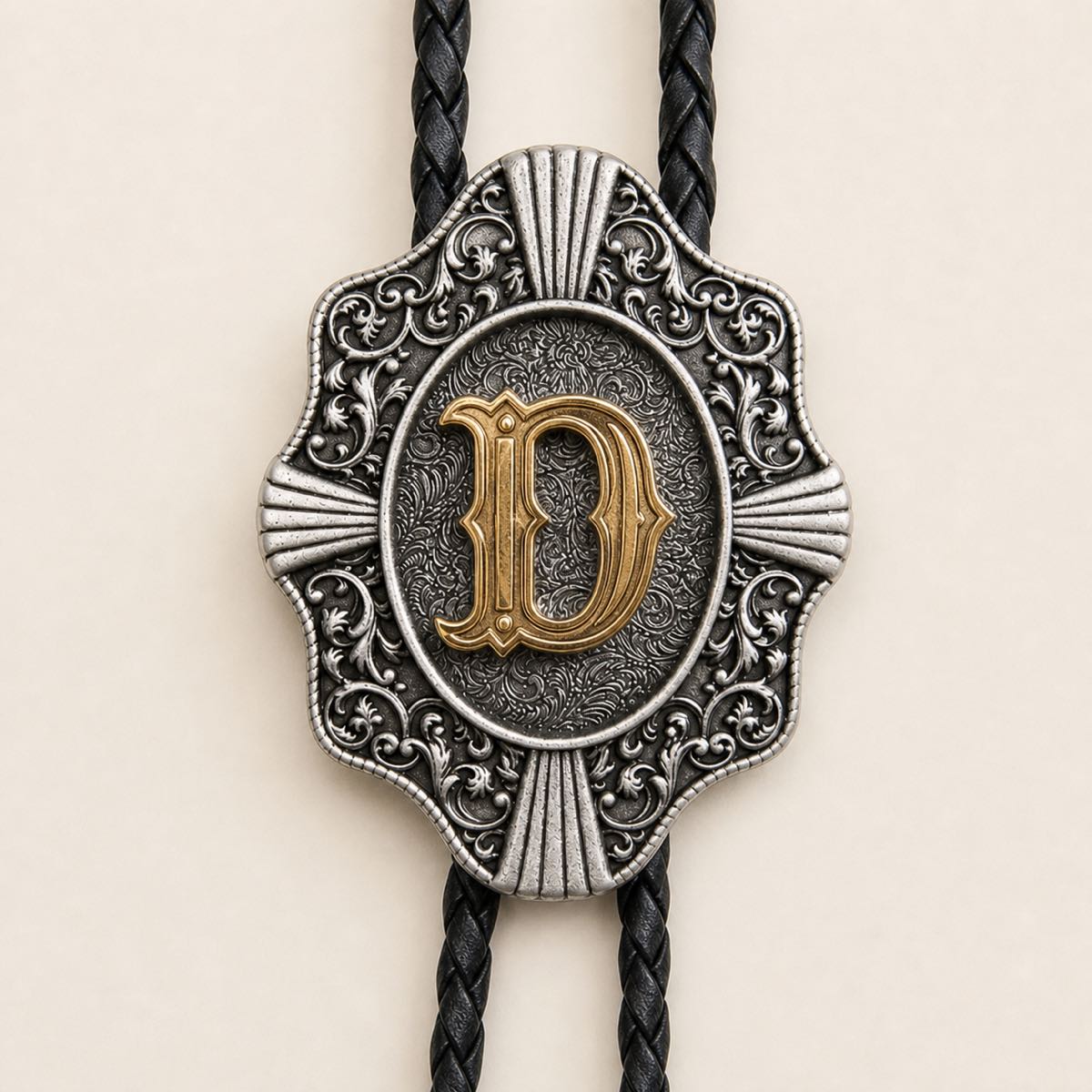 Close-up of gold letter D and engraved antique silver bolo tie craftsmanship