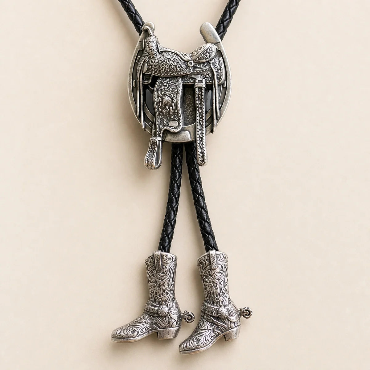 Close-up of silver saddle bolo tie with engraved tooling and separate cowboy boot pendants