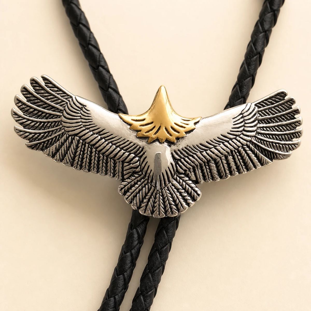 Close-up detail of the spread-wing stainless steel eagle centerpiece with titanium-gold-tone head