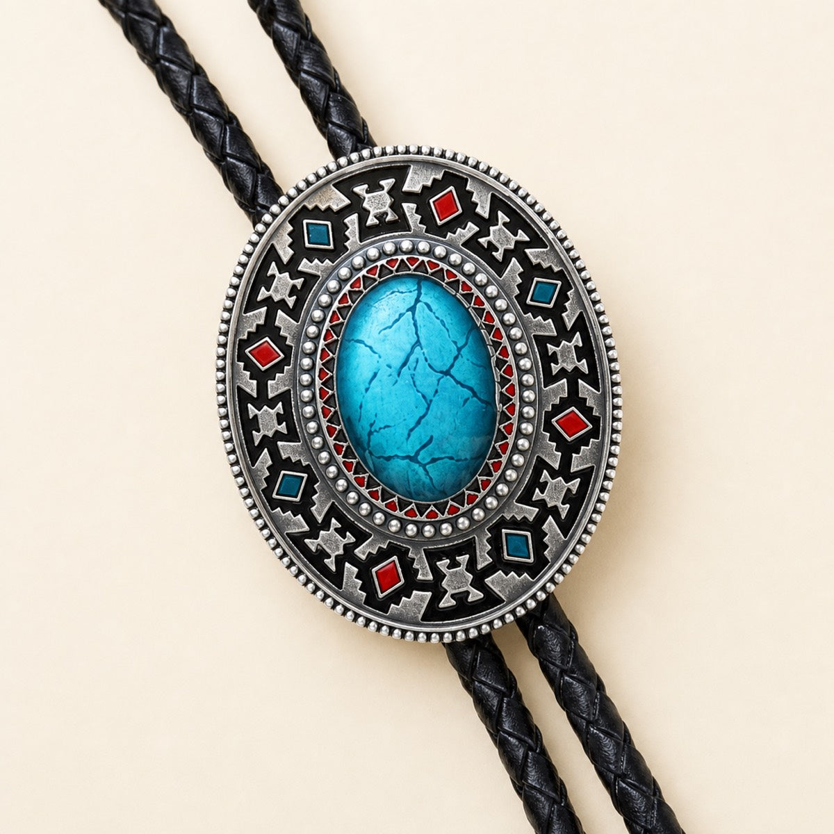 Close-up of the silver-plated Southwestern enamel bolo tie concho