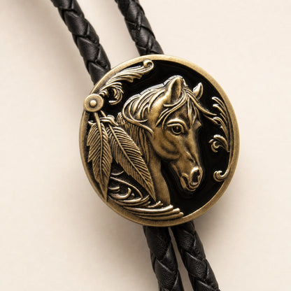 Close-up of copper horse head bolo tie with feather and scrollwork details