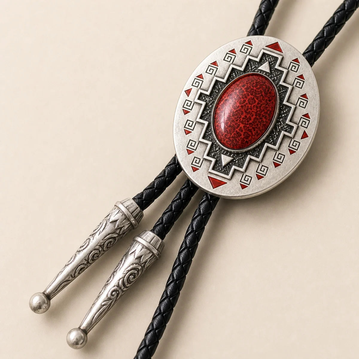 Close-up detail of the ruby-red cold enamel geometric bolo tie medallion and braided cord