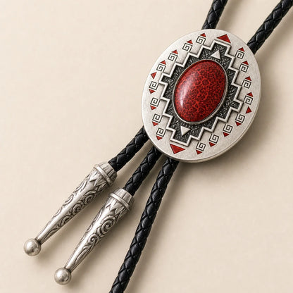 Close-up detail of the ruby-red cold enamel geometric bolo tie medallion and braided cord