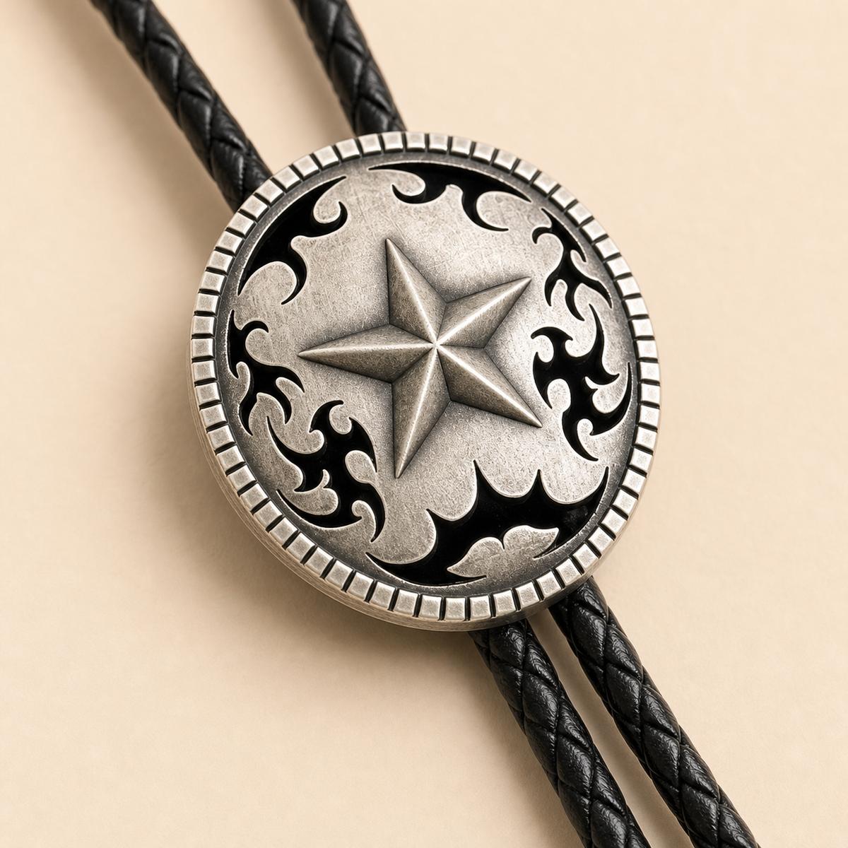 Close detail of raised five-point star silver bolo concho