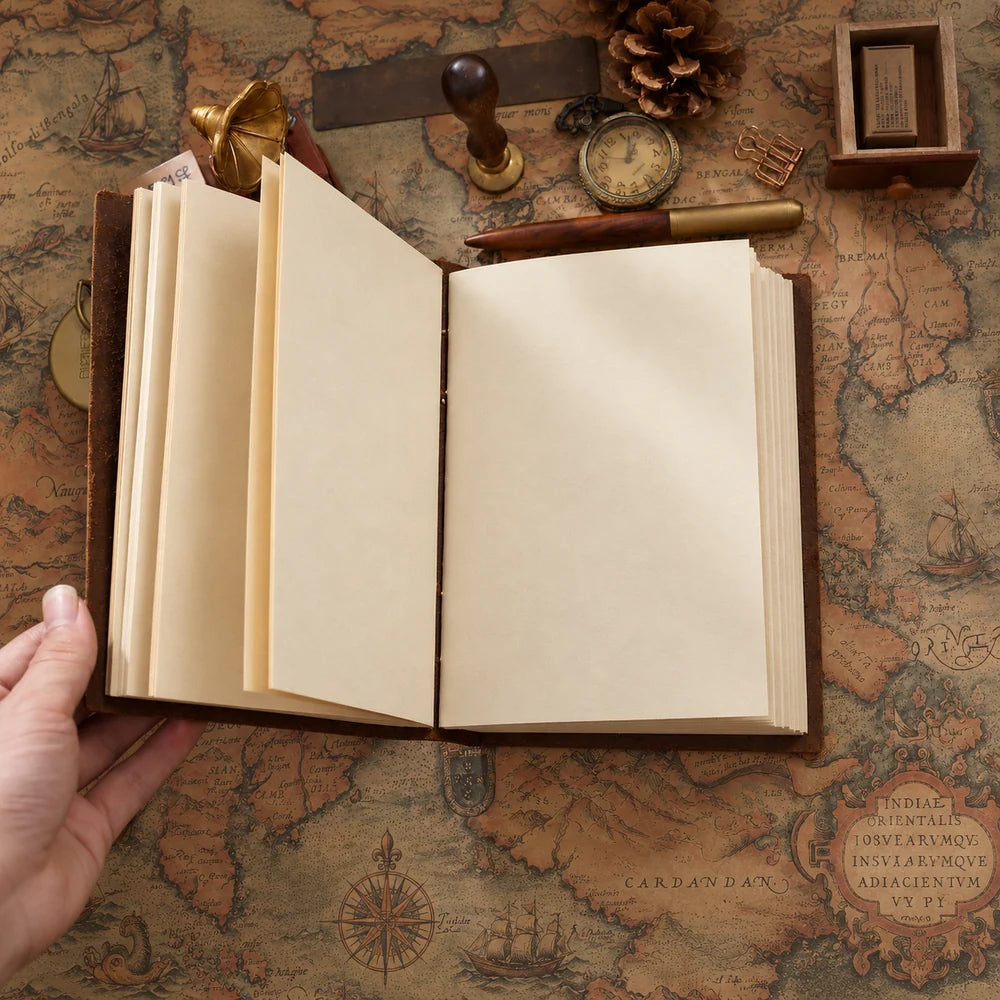 Open brown leather journal with blank cream pages and visible center stitching on a vintage map.