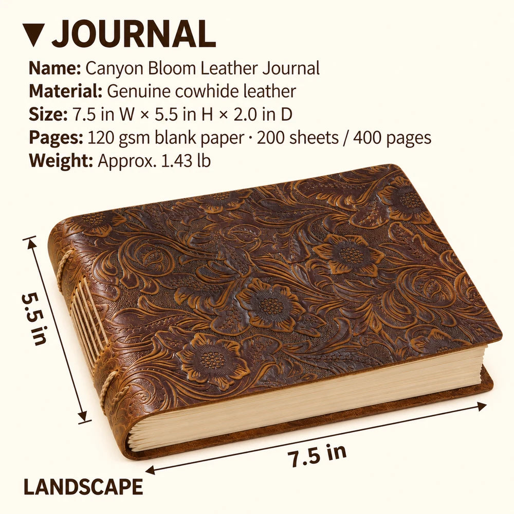 Canyon Bloom landscape journal measuring 7.5 inches wide, 5.5 inches high and 2.0 inches thick, weighing 1.43 pounds.