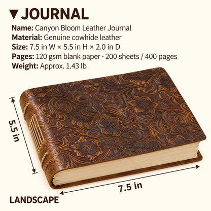 Canyon Bloom landscape journal measuring 7.5 inches wide, 5.5 inches high and 2.0 inches thick, weighing 1.43 pounds.