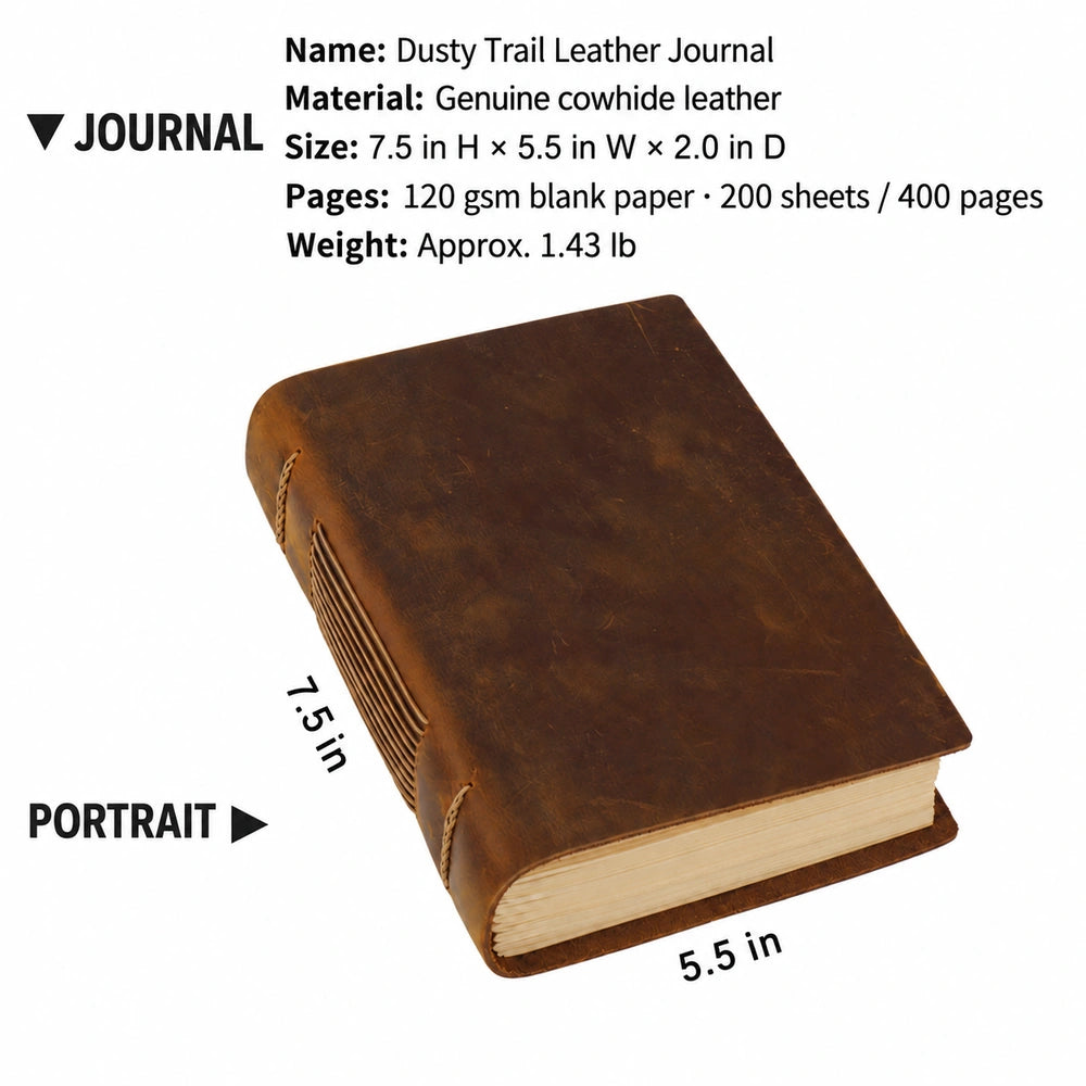 Portrait leather journal measuring 7.5 by 5.5 by 2.0 inches and weighing approximately 1.43 pounds.