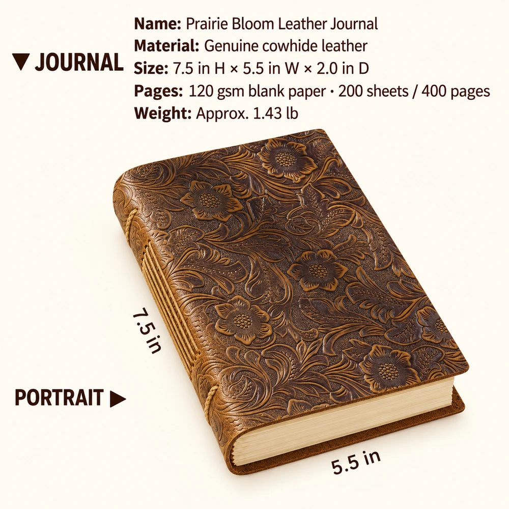 Prairie Bloom floral leather journal measuring 7.5 by 5.5 by 2.0 inches and weighing approximately 1.43 pounds.