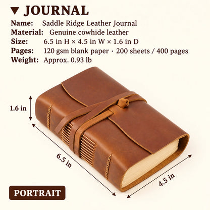 Saddle Ridge portrait journal measuring 6.5 inches high, 4.5 inches wide and 1.6 inches thick, weighing about 0.93 pounds.