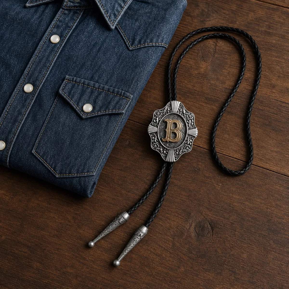 Gold letter B Western bolo tie styled beside an indigo denim shirt
