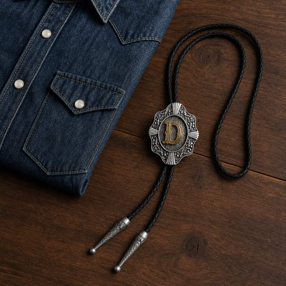 Gold letter D Western bolo tie styled beside an indigo denim shirt