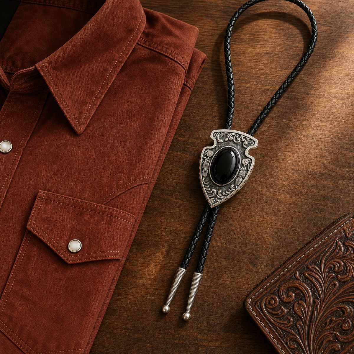 Arrowhead Black Obsidian Silver Bolo Tie western flat lay