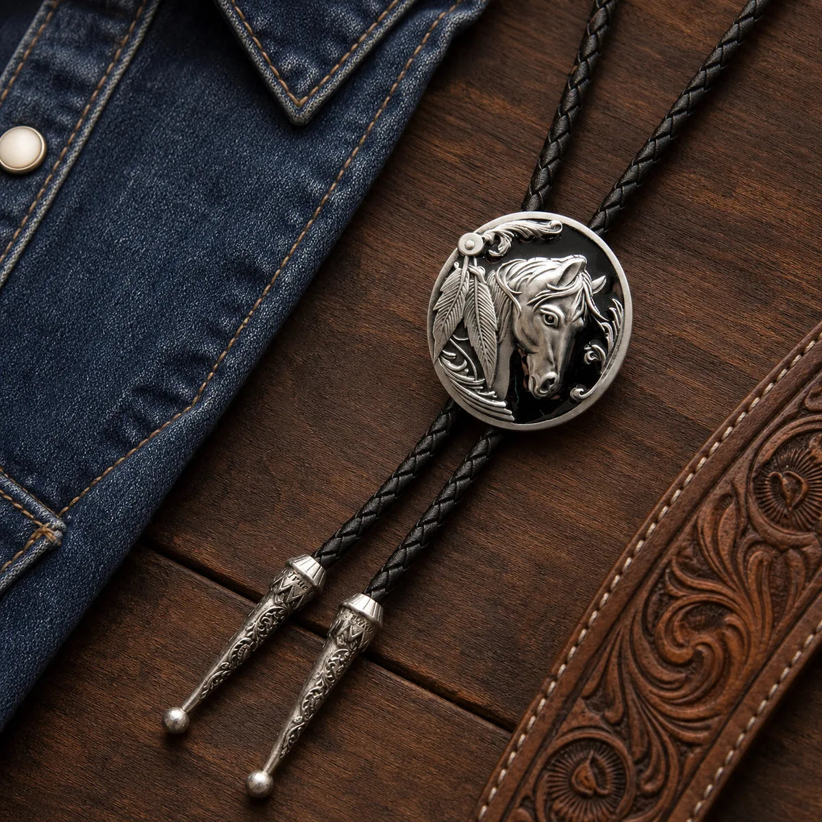 Black horse head bolo tie styled on a Western wood tabletop with leather accessories