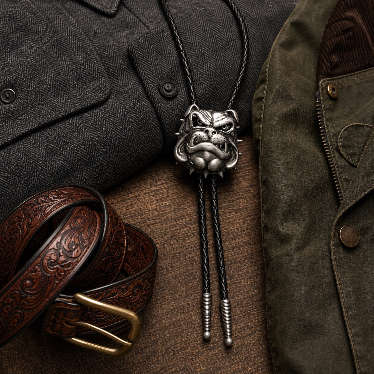 Antique silver English bulldog bolo tie with British workwear and embossed leather belt