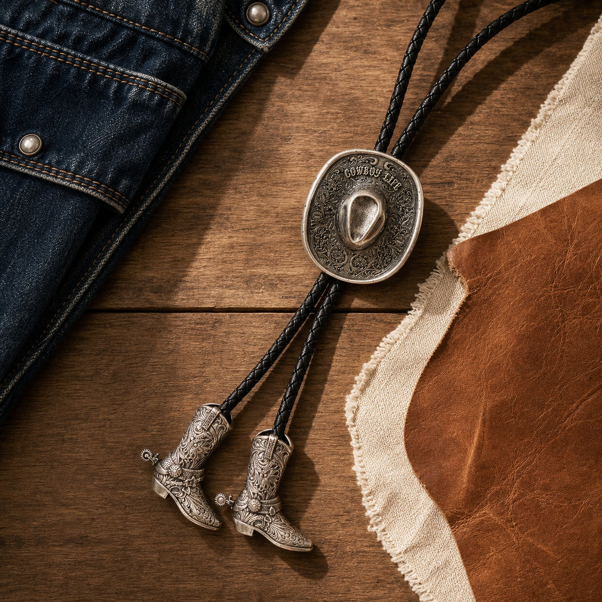 Silver Cowboy Life hat bolo tie with cowboy boot pendants arranged with denim canvas leather and western accessories