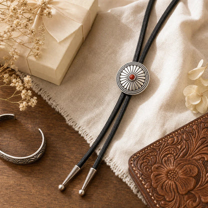 Daisy red agate sterling silver bolo tie styled as a premium western gift