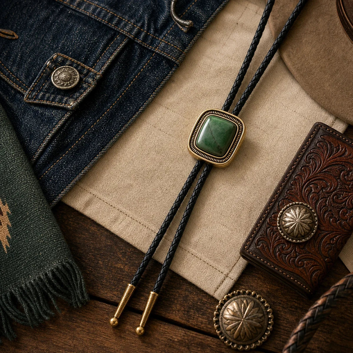 Green jade gold-plated bolo tie styled with western denim and leather