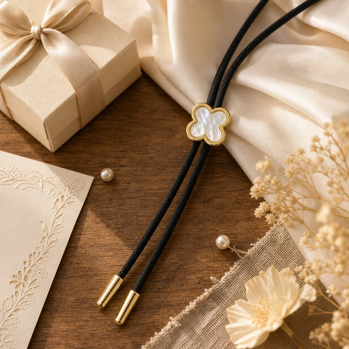 Lucky clover white shell bolo tie styled as a feminine gift