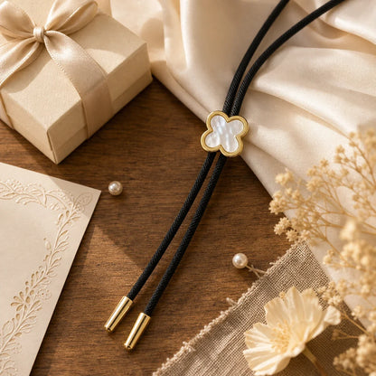 Lucky clover white shell bolo tie styled as a feminine gift