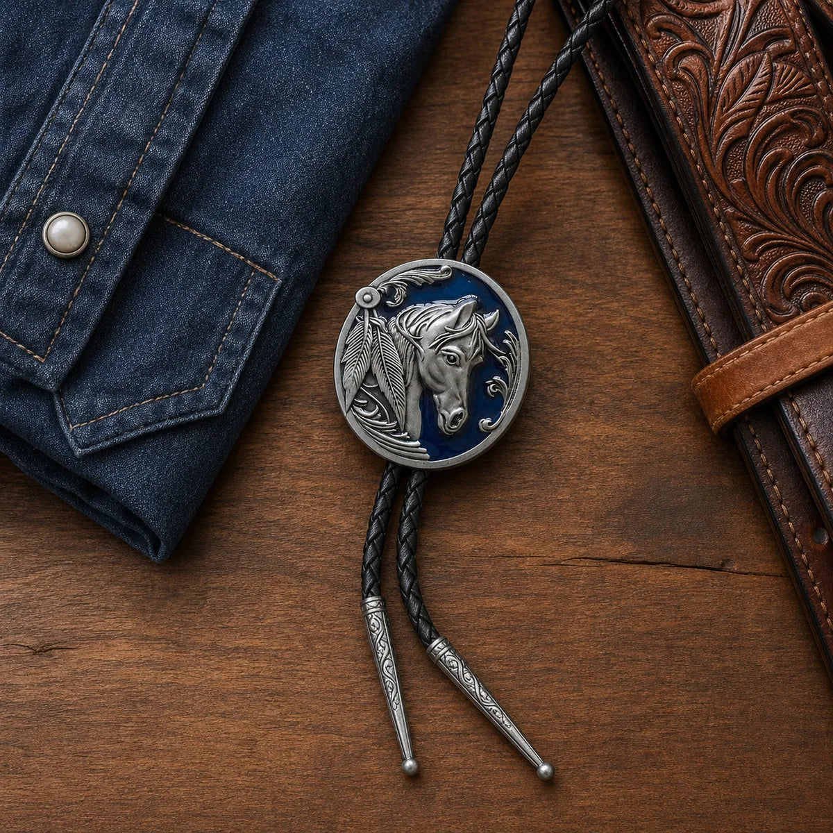 Midnight blue horse head bolo tie on walnut wood with denim and tooled leather belt