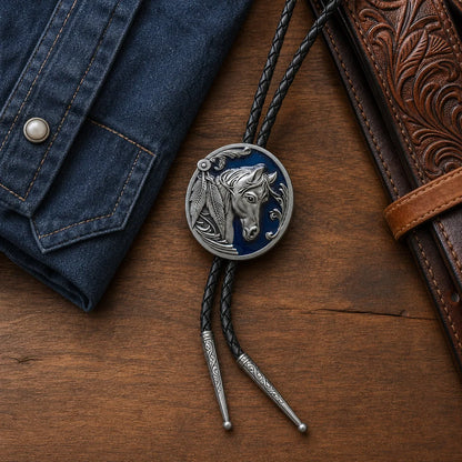 Midnight blue horse head bolo tie on walnut wood with denim and tooled leather belt