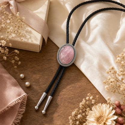 Rose quartz silver-plated bolo tie styled as a feminine western gift