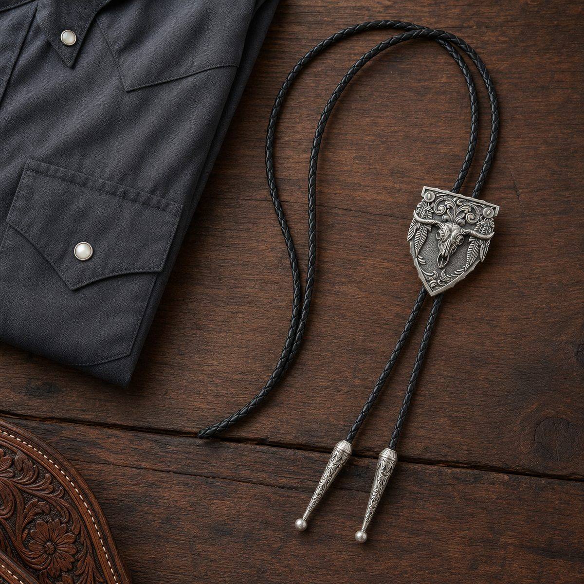 Silver longhorn arrowhead bolo tie styled on dark walnut wood with Western shirt and tooled belt