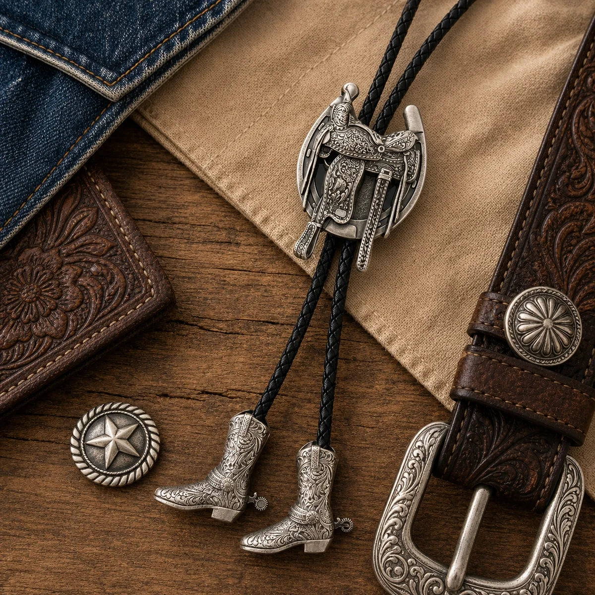 Silver saddle bolo tie with cowboy boot pendants arranged with denim, canvas, leather and Western accessories