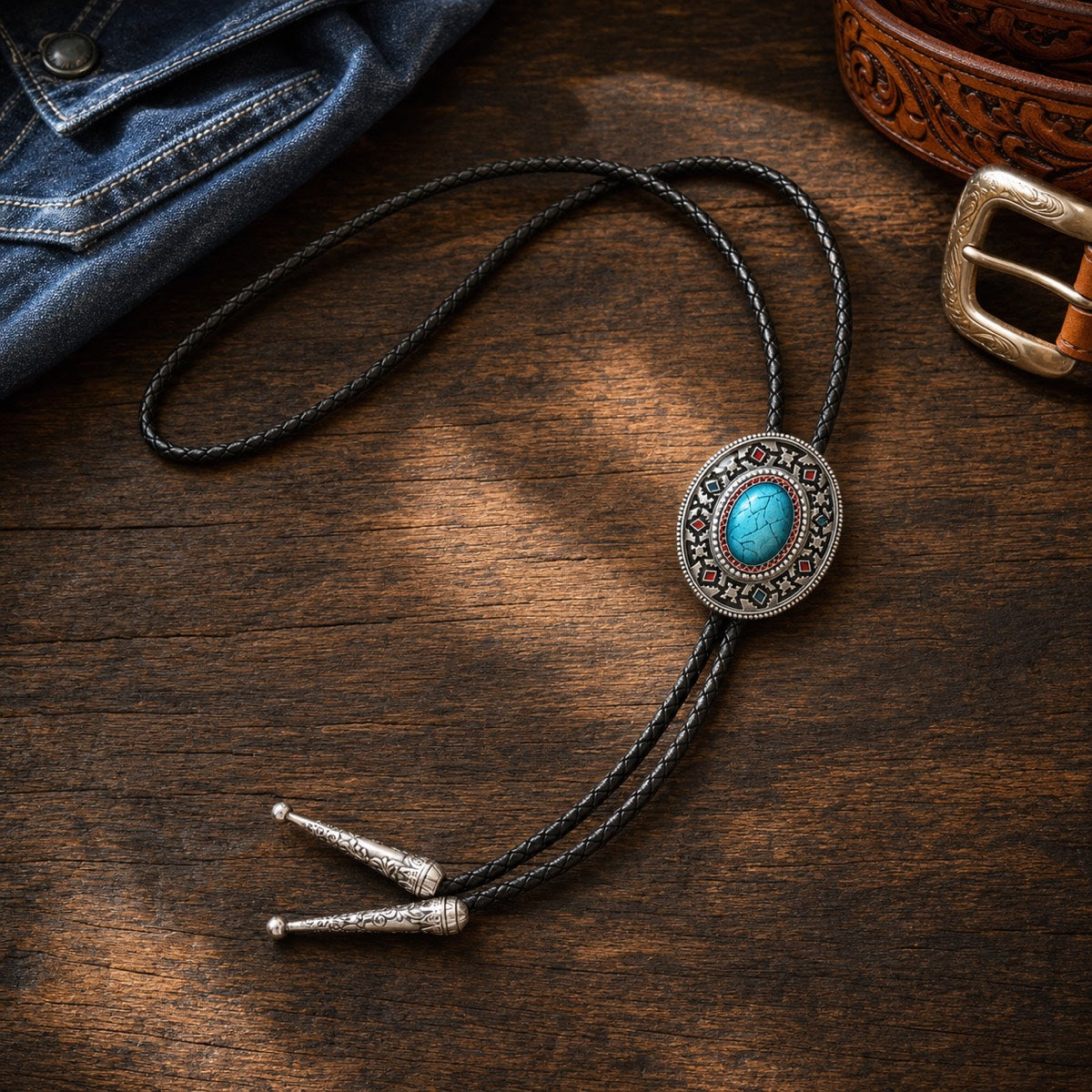 Southwestern enamel concho bolo tie styled with denim and tooled leather on walnut wood