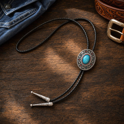 Southwestern enamel concho bolo tie styled with denim and tooled leather on walnut wood