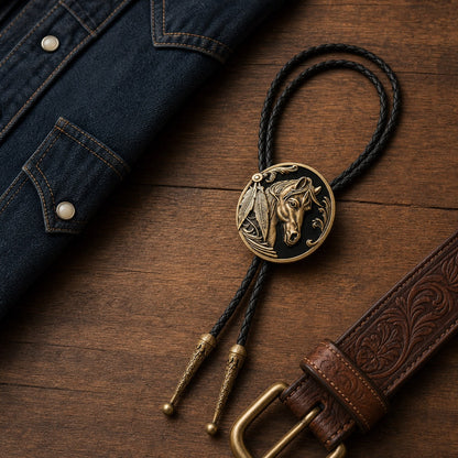 Western horse head copper bolo tie with denim and embossed leather belt