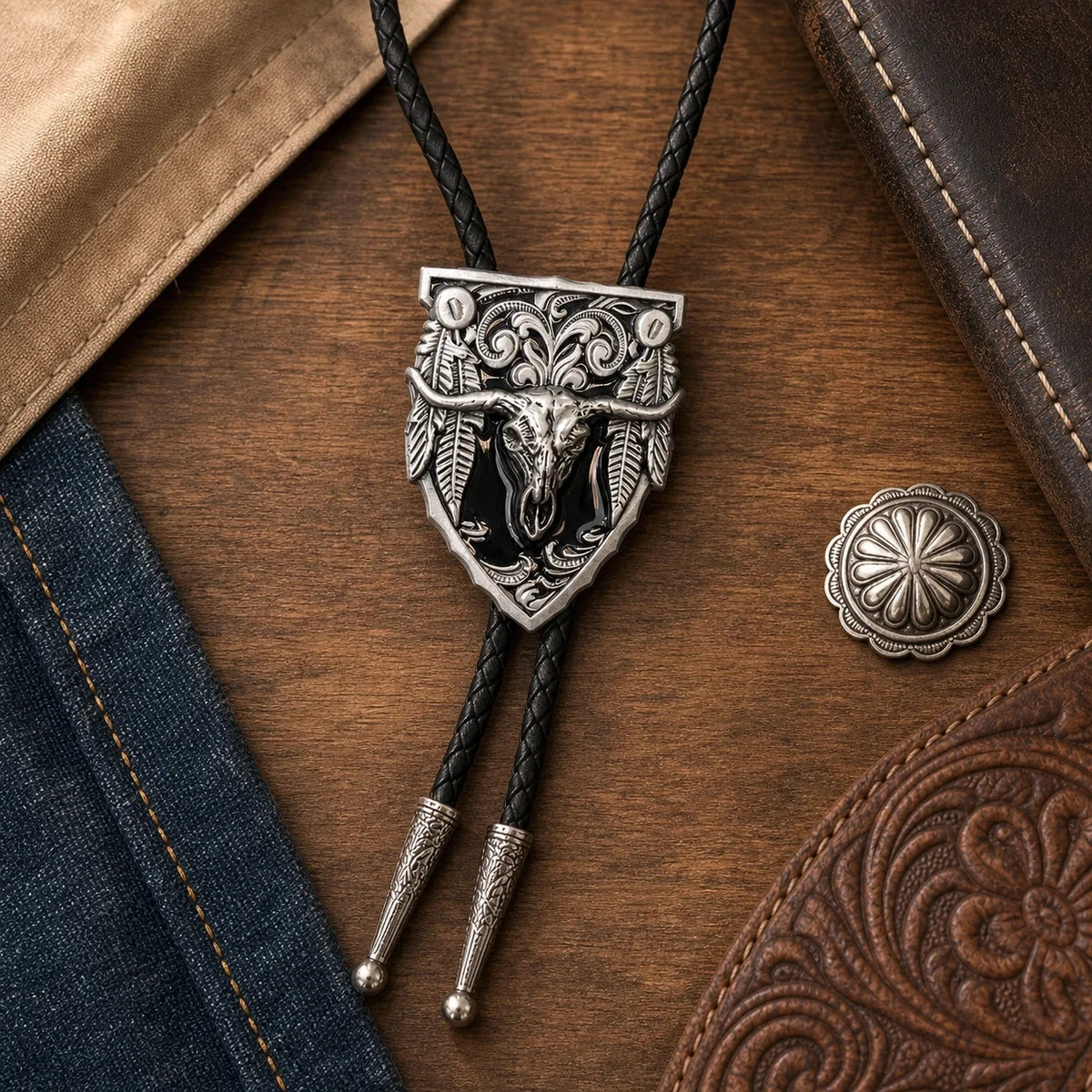 Black longhorn skull western bolo tie arranged with denim, canvas, leather, and wood accessories