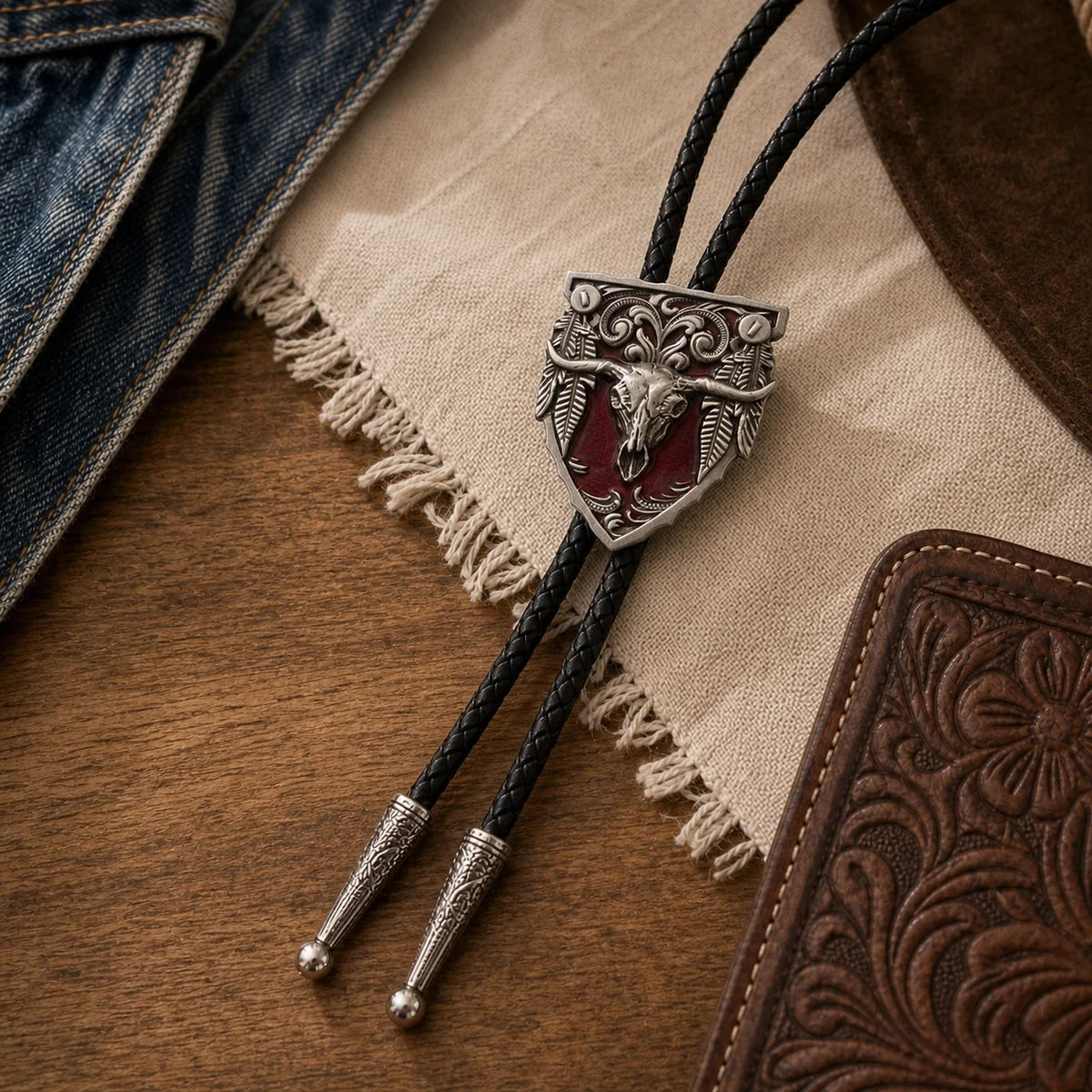Red longhorn skull western bolo tie arranged with denim, canvas, leather, and wood accessories