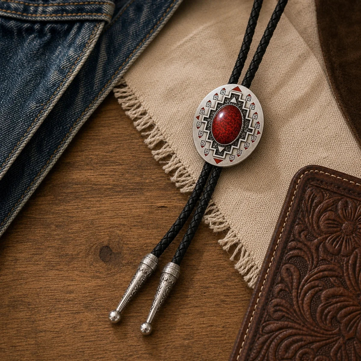 Ruby-red enamel western bolo tie arranged with denim, canvas, leather, and wood accessories