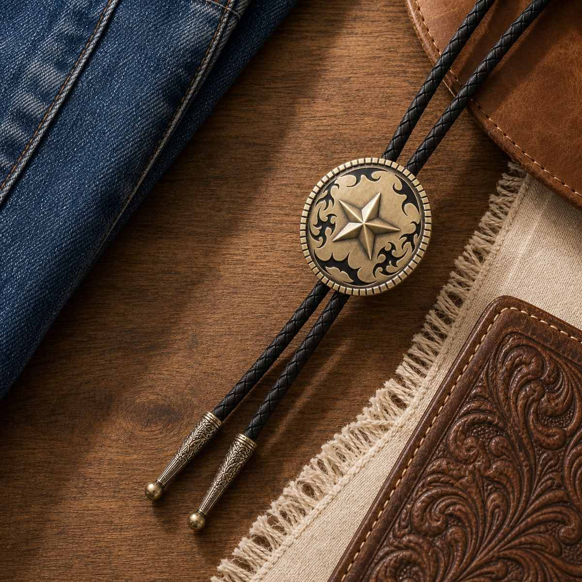 Antique brass Western star bolo tie styled with denim leather canvas and wood