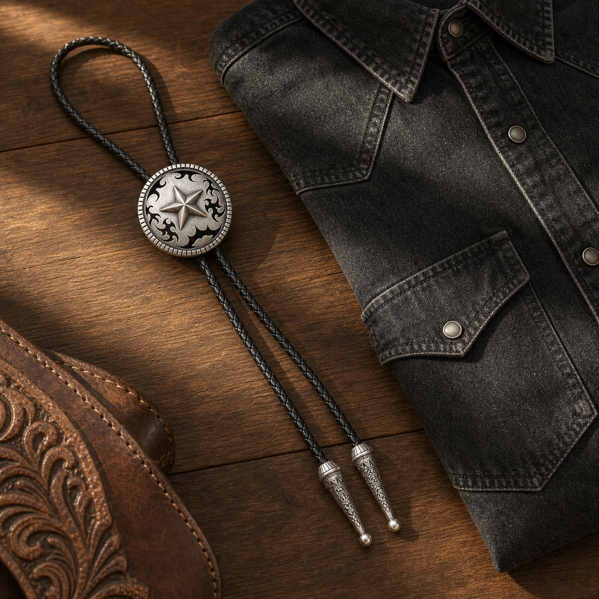 Western Star Antique Silver Bolo Tie flat lay with dark denim and leather