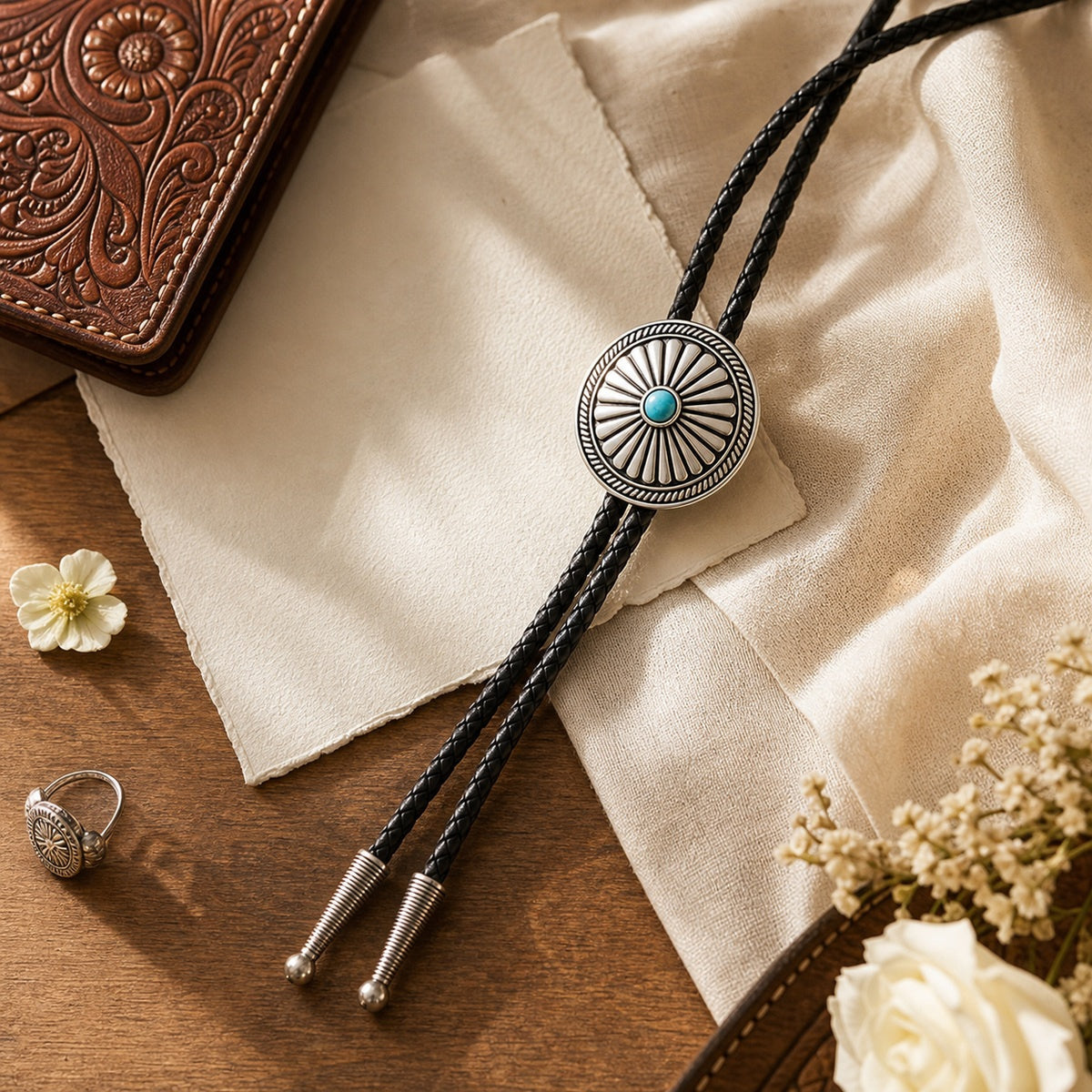 Western turquoise concho bolo tie styled with leather and neutral fabric accessories