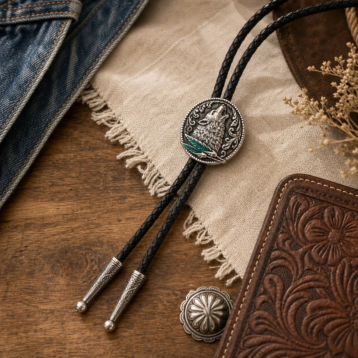 Western wolf bolo tie styled with denim and tooled leather accessories