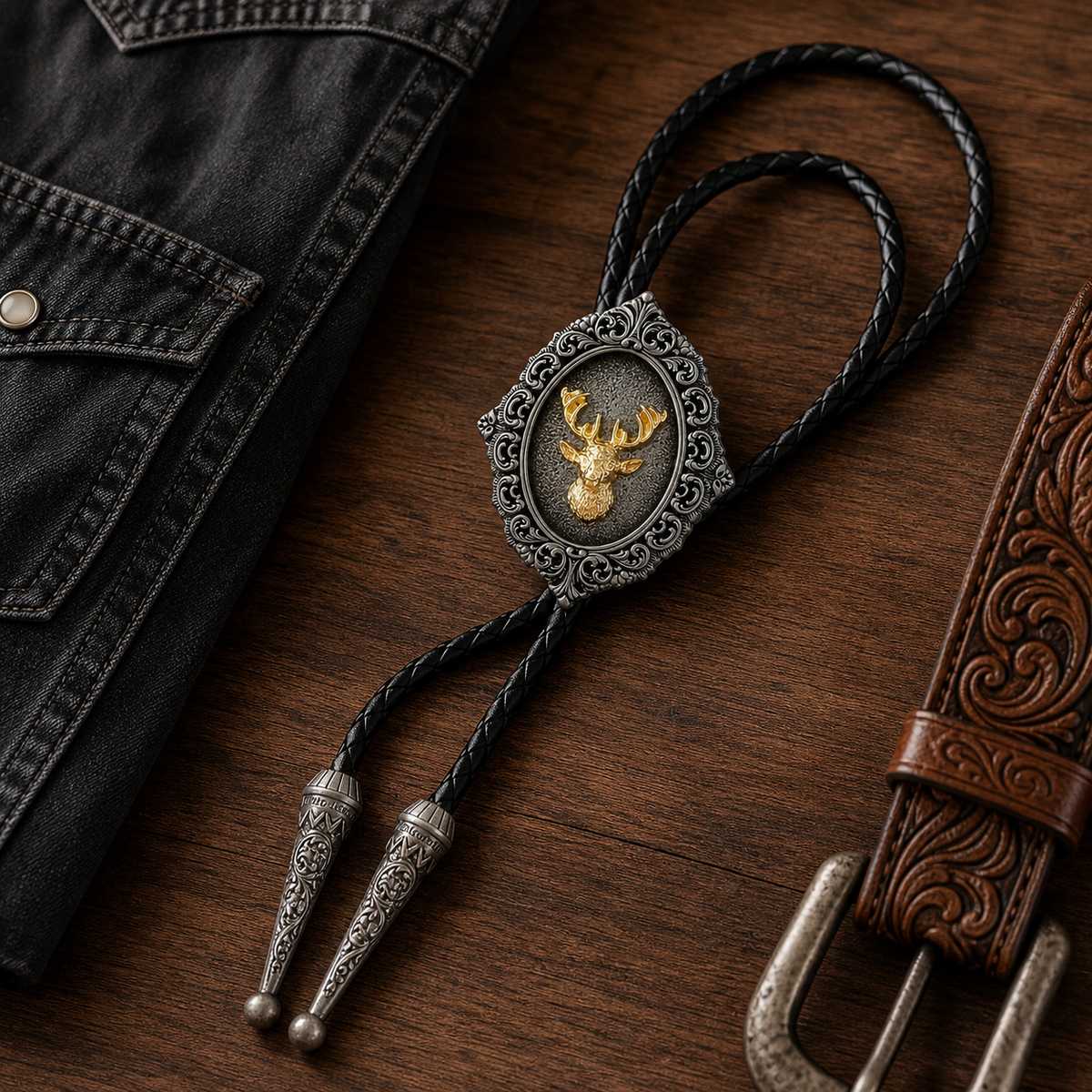 Gilded stag antique silver bolo tie arranged on a western wood flat lay