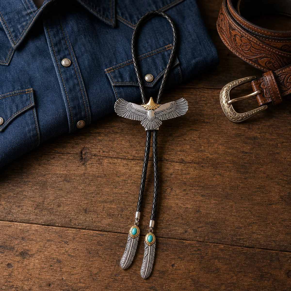 Stainless steel soaring eagle bolo tie with feather-tail tips on a western flat lay