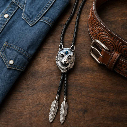 Stainless steel blue inlay wolf head bolo tie on a western walnut wood flat lay