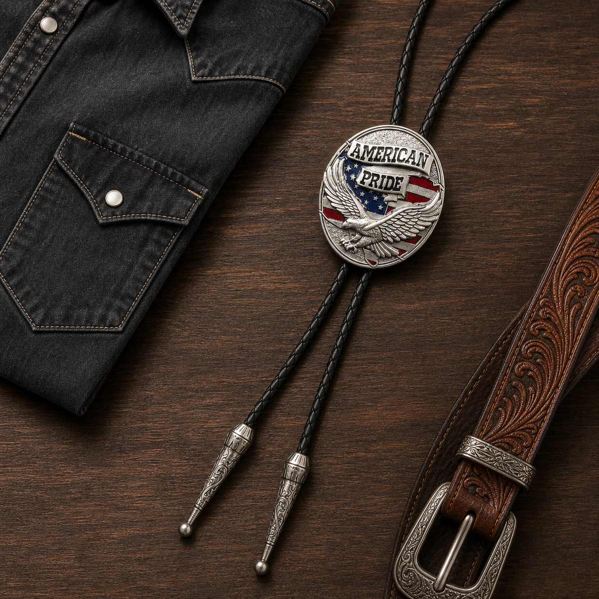American Pride eagle flag bolo tie flat lay with denim shirt and tooled leather belt