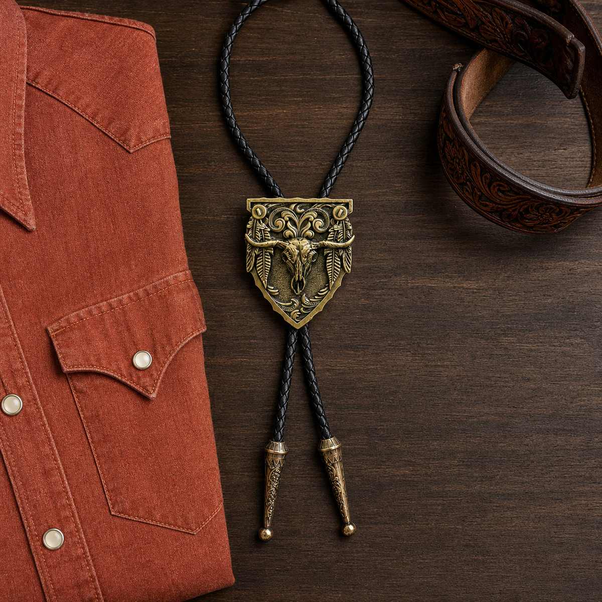 Antique copper longhorn arrowhead bolo tie flat lay with Western shirt and tooled leather belt