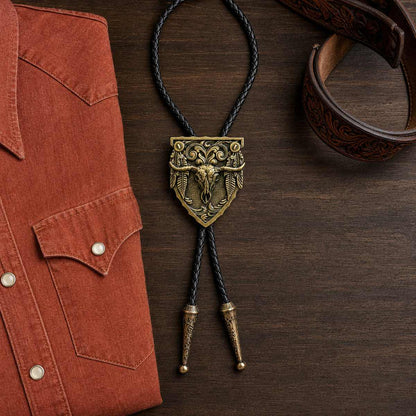 Antique copper longhorn arrowhead bolo tie flat lay with Western shirt and tooled leather belt