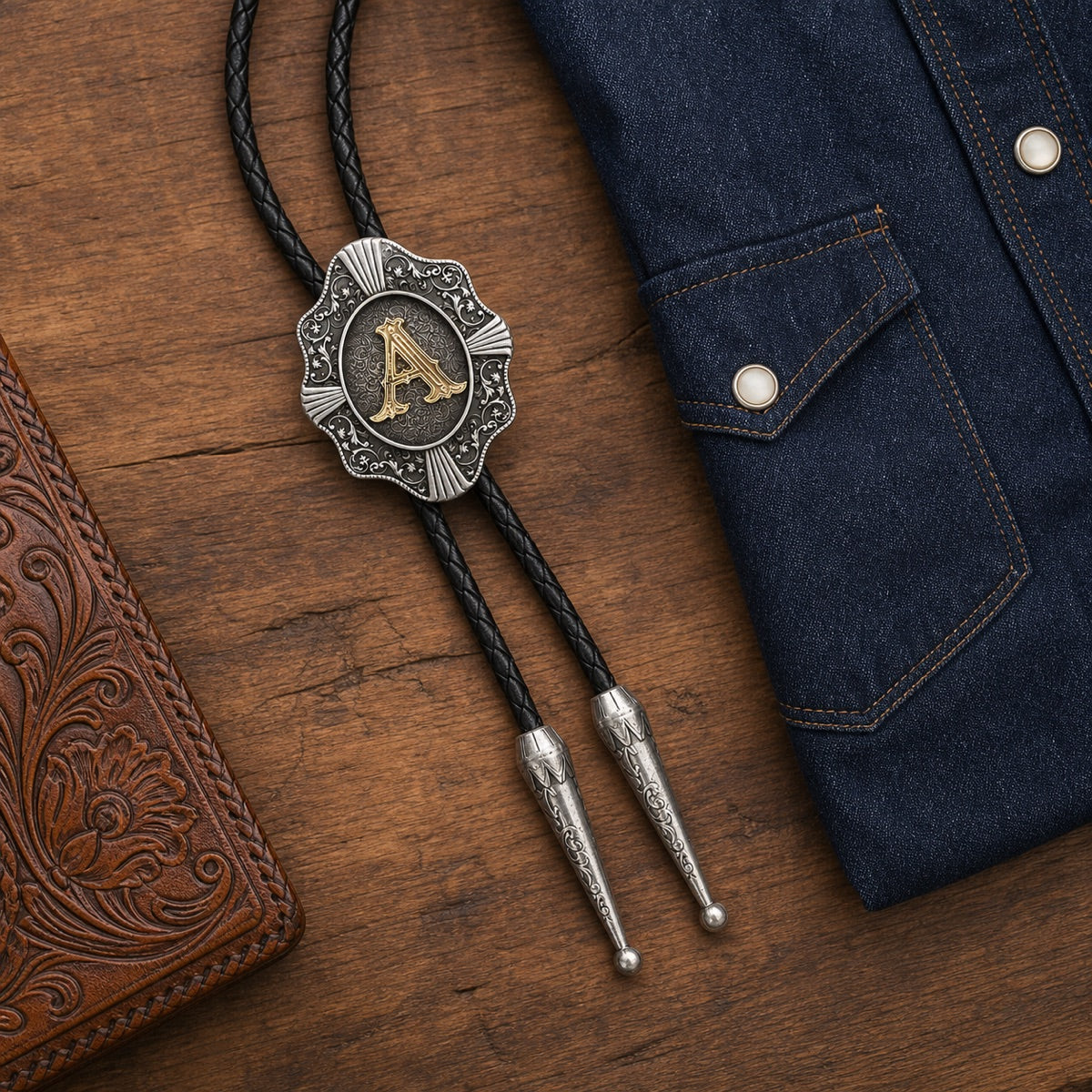 Gold letter A Western bolo tie arranged with dark denim and tooled leather on walnut wood