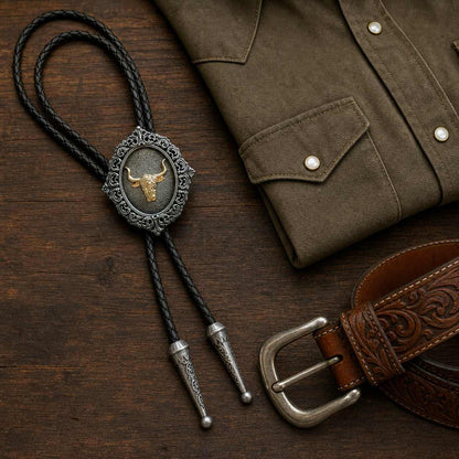 Gold longhorn antique silver bolo tie styled with an olive Western shirt and tooled leather belt
