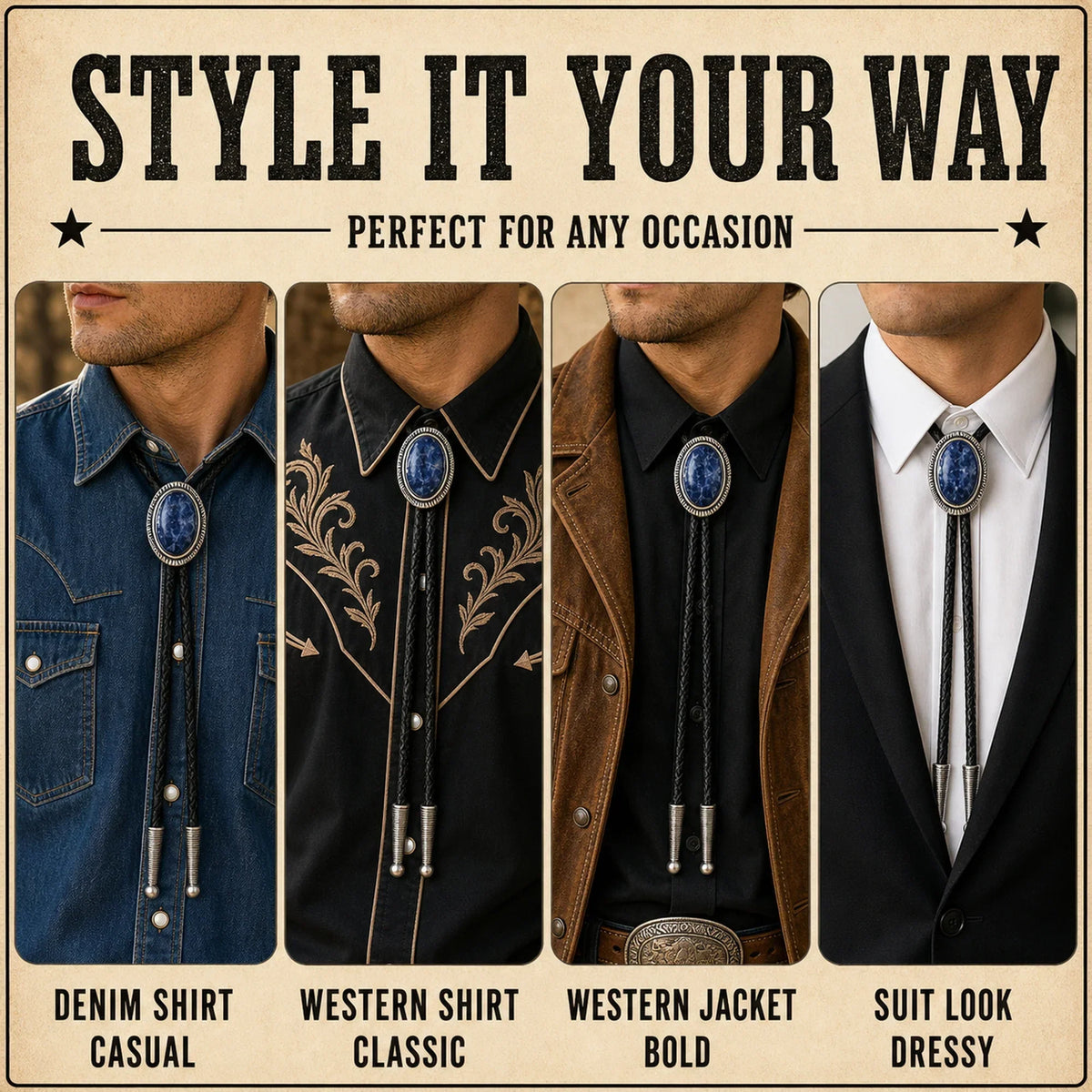 Style it your way outfit guide for Blue Ridge Blue Stone Bolo Tie with denim shirt, western shirt, western jacket, and suit looks