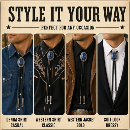 Style it your way outfit guide for Blue Ridge Blue Stone Bolo Tie with denim shirt, western shirt, western jacket, and suit looks