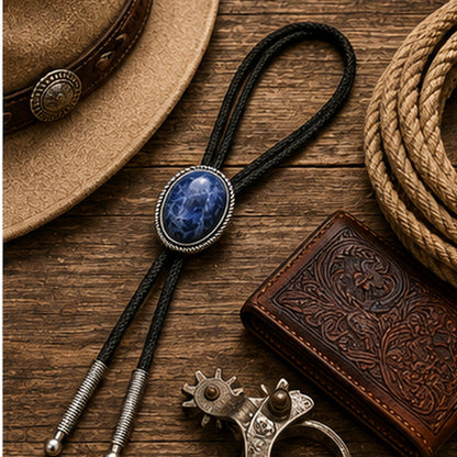 Blue stone western bolo tie flat lay with rustic leather and western accessories